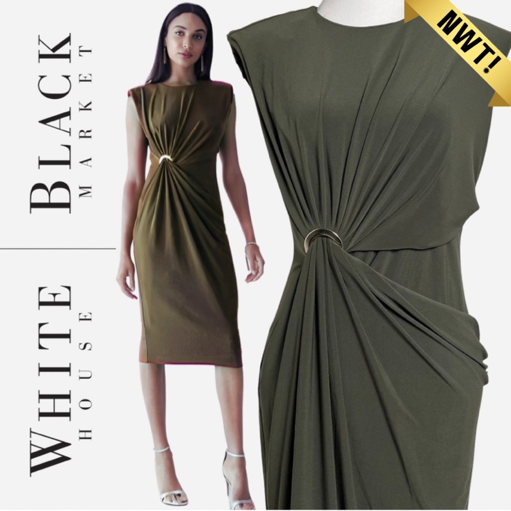 White House Black Market Draped Midi Dress | Grommet | Green | Small | NWT